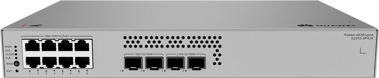 Коммутатор Huawei S220S-8P4JX, 8×1 Гбит/с PoE+ + 2×2.5 Гбит/с SFP + 2×10 Гбит/с SFP+, управляемый