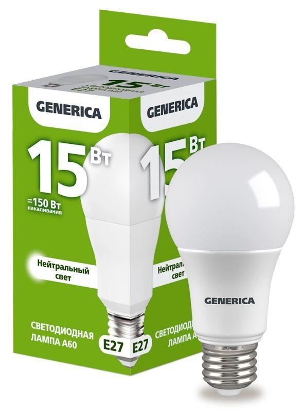 Лампа светодиодная GENERICA LL-A60-15-230-40-E27-G A60 15Вт грушевидная 4000К E27 230В