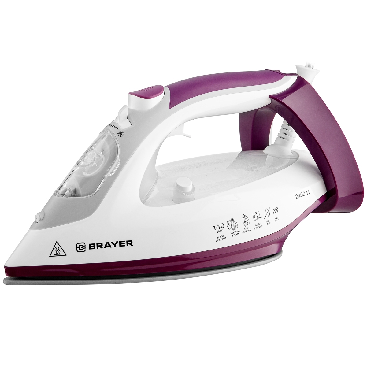 Утюг BRAYER BR4009 белый/фиолетовый, 2400 Вт, 25 г/мин, 140 г/мин, 280 мл