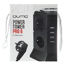 Сетевой фильтр Qumo Power Tower Pro 8SP4U (P-0002), 8 розеток, 2200 Вт, 10A, кабель 2 м 3*1 мм чистая медь, пожаробезопасный пластик, евровилка, 4 USB порта 4.5A суммарно
