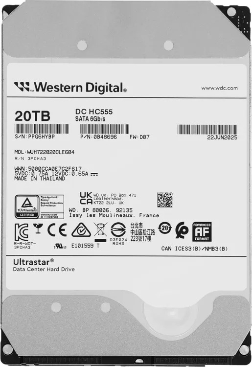 Жесткий диск Western Digital SATA 20Tb 7200RPM 6Gb/S 512MB DC HC555 WUH722020CLE604_0B48696