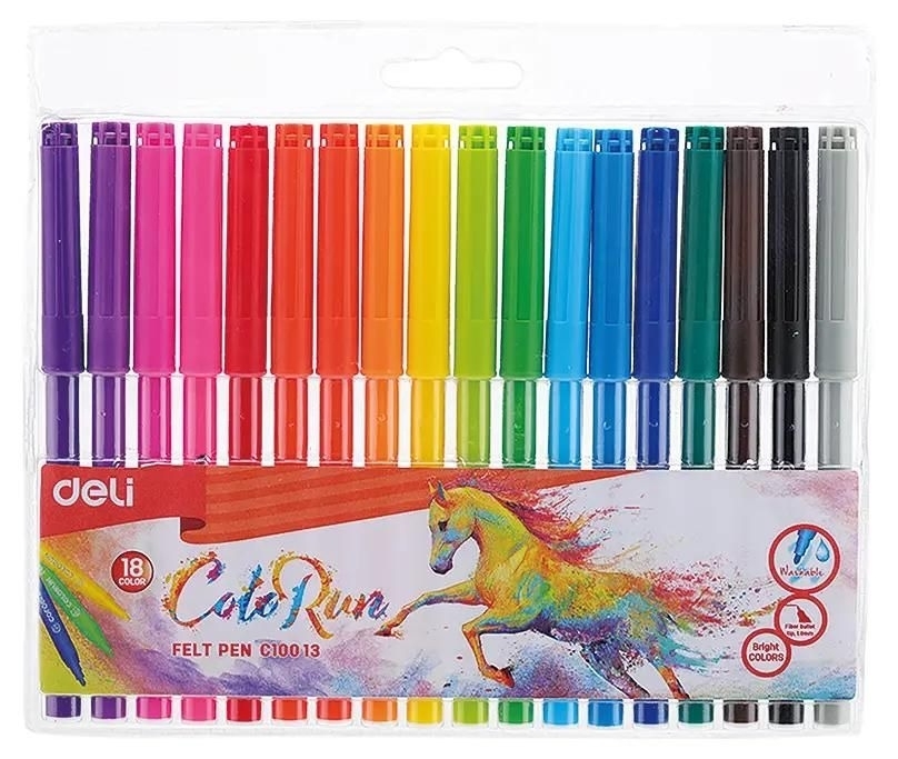 Фломастеры Deli EC10013 ColoRun, вентилируемый колпачок, 18 цветов, пакет с европодвесом