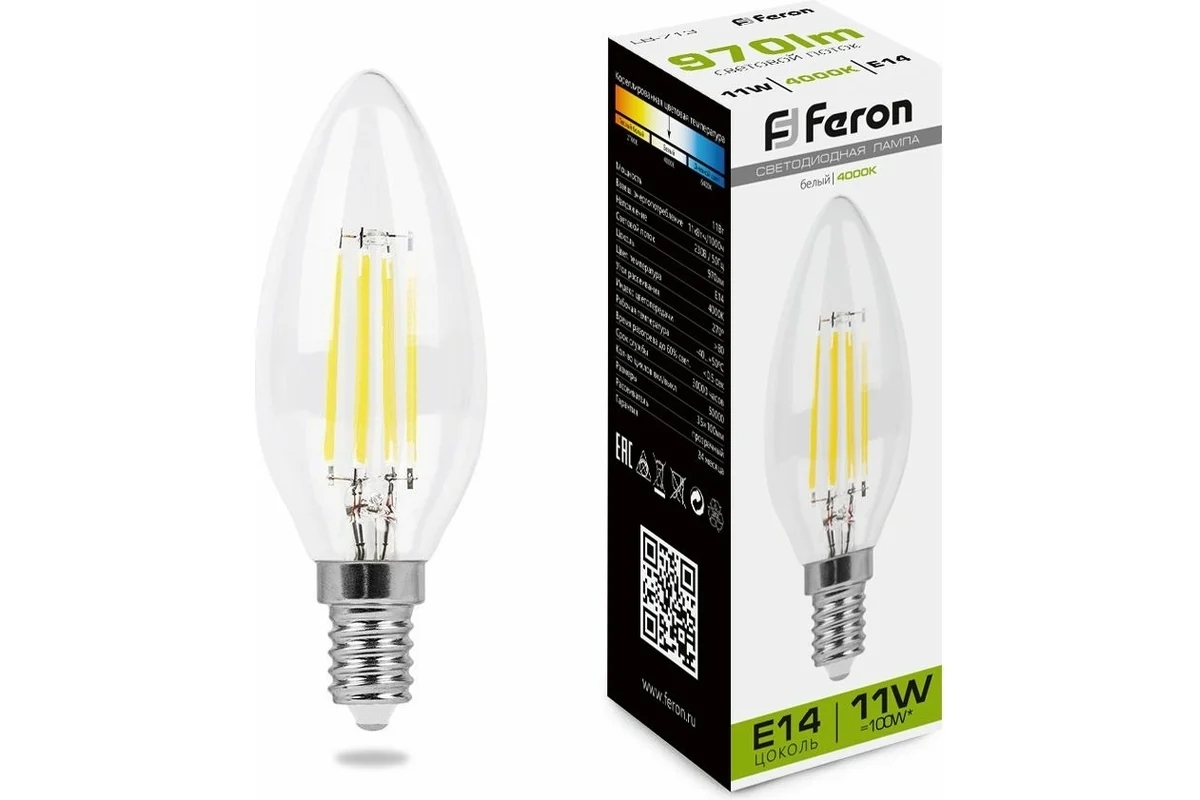 Лампа светодиодная Feron LB-713 11Вт Е14 белый свеча FILAMENT