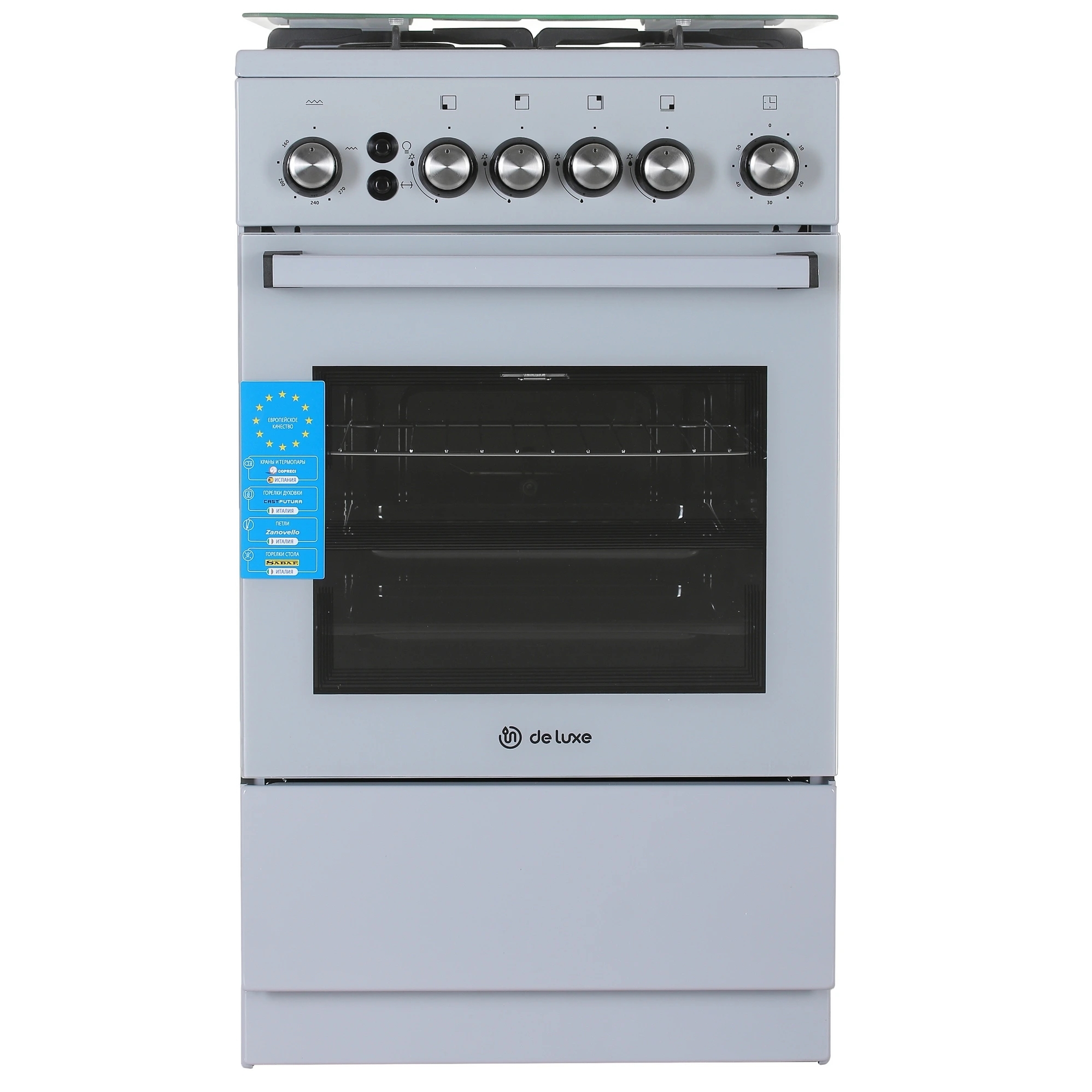Плита Газовая De Luxe 5040.40г (кр) ЧР-012 серый (стеклянная крышка) реш.чугун