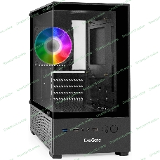 Компьютерный корпус Minitower ExeGate i3 SEA (mATX, без БП, 1*USB+1*USB 3.0, HD аудио, черный, 1 вент. 12см с RGb подсветкой, передняя и боковая панели - закаленное стекло)