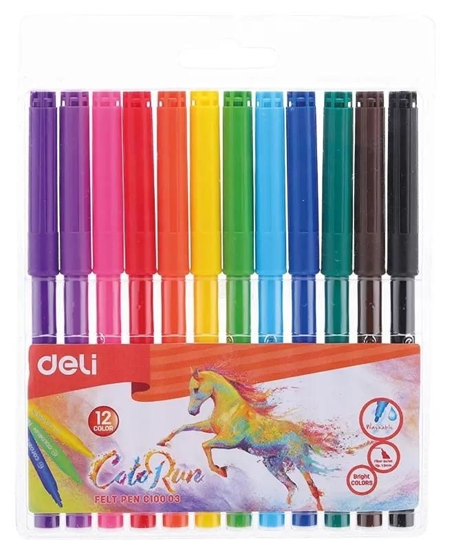 Фломастеры Deli EC10003 ColoRun, вентилируемый колпачок, 12 цветов, пакет с европодвесом
