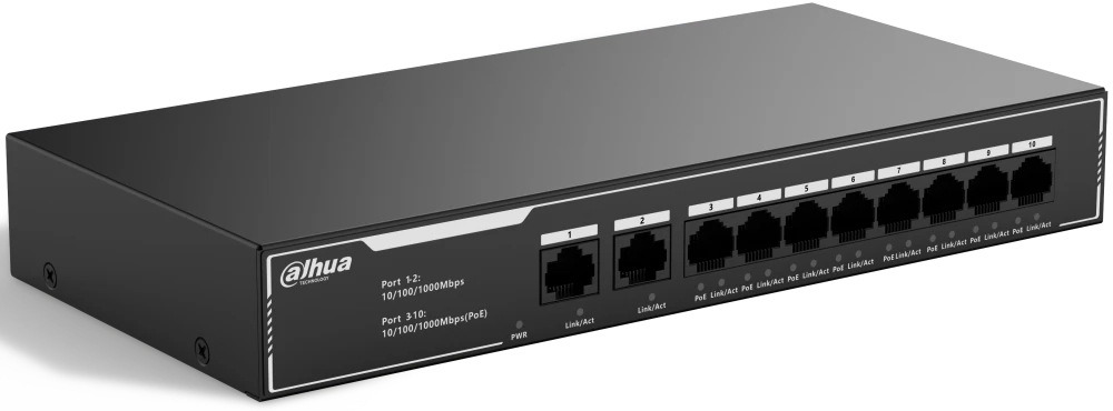 Коммутатор Dahua DH-SG1010LP, 10×1 Гбит/с, неуправляемый