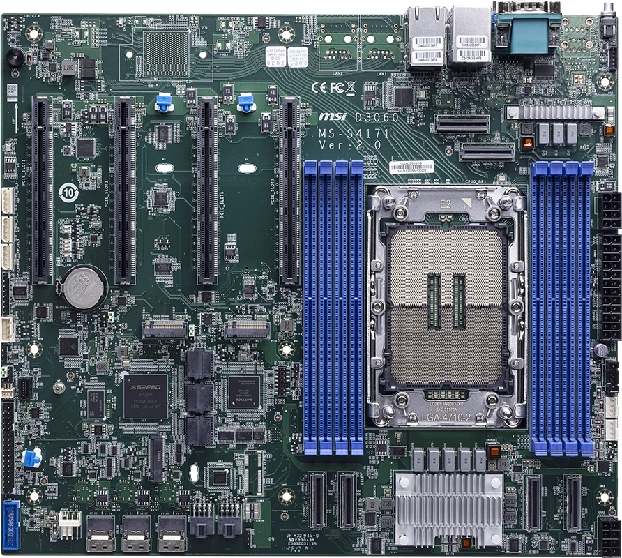 Серверная материнская плата MSI D3060-D3060GB2N-1G, 1xE2 (LGA 4710), Intel Xeon 6700E/6500P/6700P-Series, 8xDDR5 RDIMM (до 8000 МГц), 3xSlimSAS, 6xMCIO, 4xPCIe 5.0 x16, 2xM.2 22110, 2x1Gb LAN, AST2600 BMC, 2xUSB-A 5Gbps, 1xVGA, 1xCOM, RAID 0/1/5/10, SSI CEB
