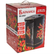 Термопот ВАСИЛИСА ВА-5007 Жостово Объем 4,5 л, Мощность в режиме кипячения 900 Вт. Мощность в режиме поддержания температуры воды 30 Вт. Внутренняя емкость из нержавеющей стали. Вращение корпуса на основании на 360°. Шкала уровня воды. Световые индикаторы работы. 3 способа разлива воды: ручной, автоматический, электрический. Режим поддержания температуры воды. Функции повторного кипячения и дехлорирования воды. Съемный сетевой шнур электропитания. Съемная крышка для удобства очистки. Защита от перегрева. Блокировка ручной помпы от случайного нажатия. Автоматическое отключение при недостаточном количестве воды. Цвет: черный. Декор: Жостово.