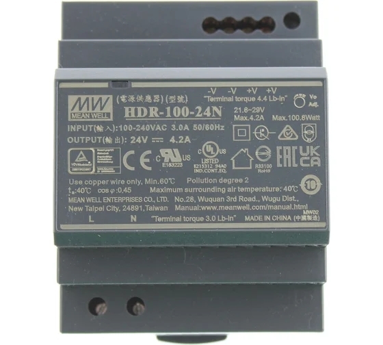 Блок питания AC-DC, 100.8Вт, вход 85...264 В AC 47...63Гц, 120...370В DC, выход 24В, 4.2А, рег. выхода 21.6...29В, изоляция 3000В AC, в кожухе на DIN-рейку, 70х90х54.5мм, -30...+70°С