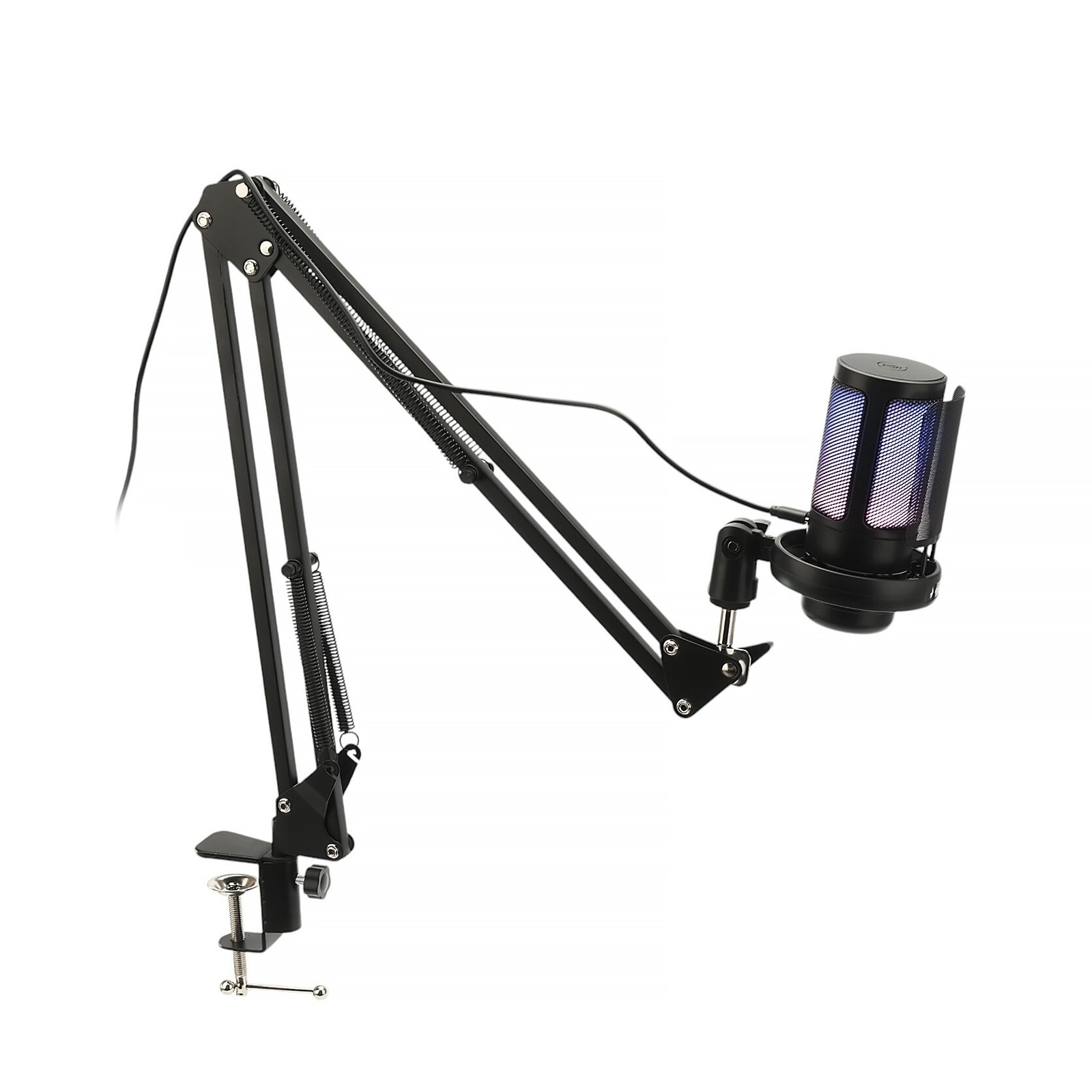 Микрофон конденсаторный Gembird M-02N, подсветка RGB, шумоподавление, микрофонная стойка (пантограф), черный