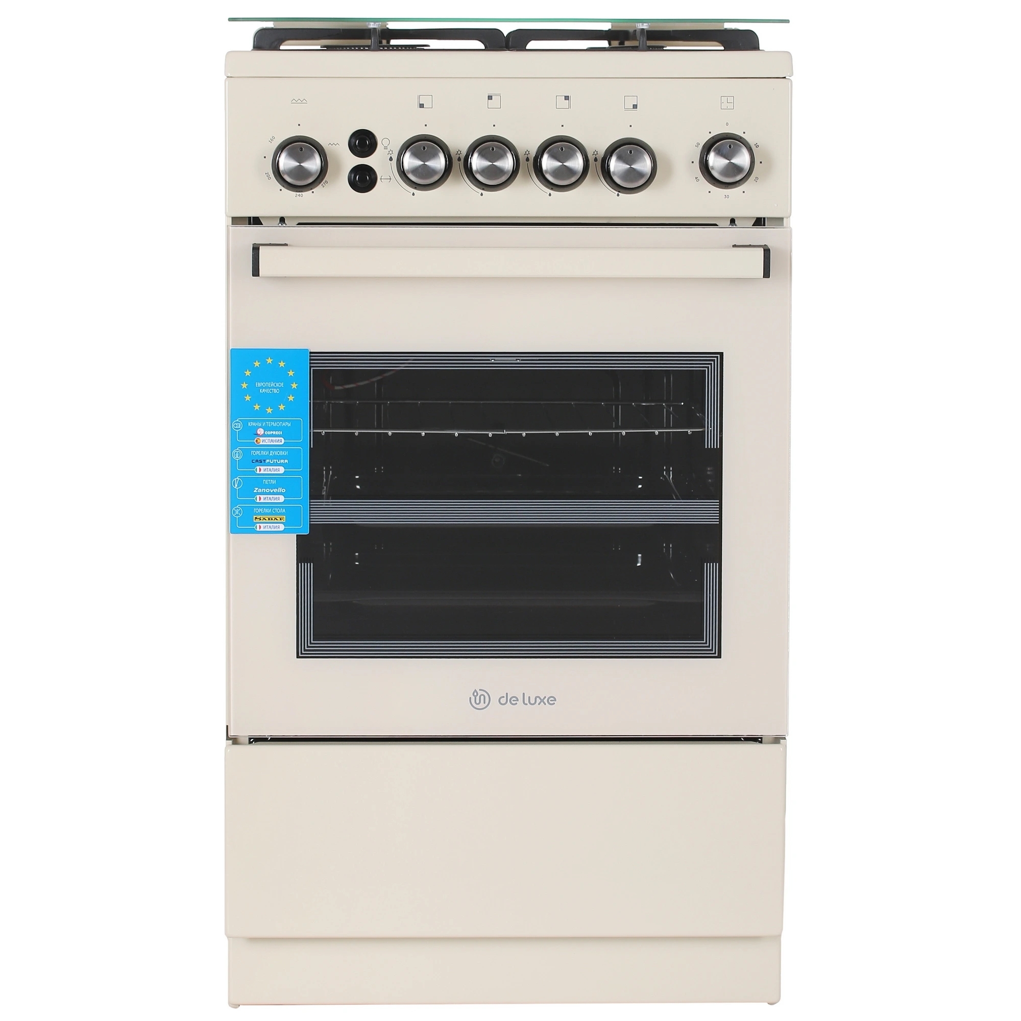 Плита газовая De Luxe 5040.40Г (КР) ЧР-013 бежевый, конфорок 4 газовых, духовка 46 л, 50 см x 85 см x 50 см