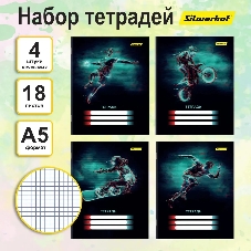 Набор тетрадей Silwerhof 2001670 18 листов, клетка, A5, Спорт 4 дизайна, мелованный картон, водный лак, скрепка (упаковка: 4шт)
