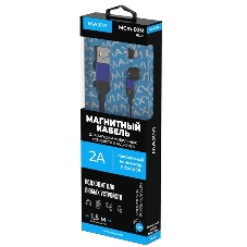 Кабель Maxvi MCm-02M blue, USB-A - MicroUSB, 2A, магнитный разъем, LED ток макс. нагрузки 2А, макс. напряжение 5V; стандарт USB 2.0; длина 1.5м, нейлоновая оплетка, съемный магнитный коннектор, LED подсветка, синий