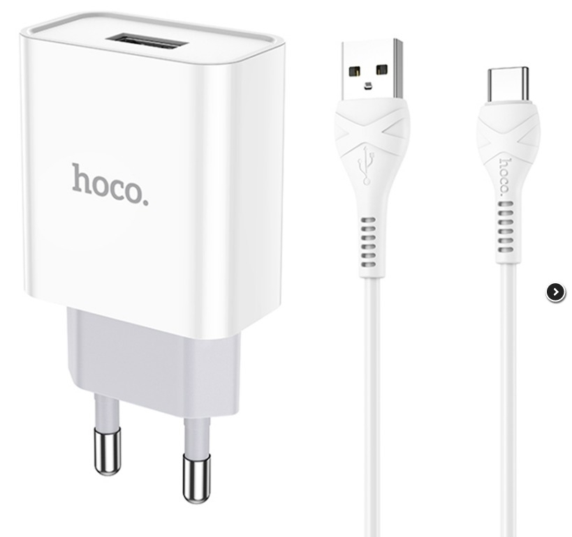 Блок питания (сетевой адаптер) HOCO C81A Asombroso single 1xUSB с кабелем Type-C, 2.1A, 10W, белый