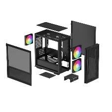 Компьютерный корпус Deepcool CH360 без БП, боковое окно (закаленное стекло), 2x140мм ARGb LED вентилятор спереди и 1x120мм ARGb LED вентилятор сзади, черный, mATX