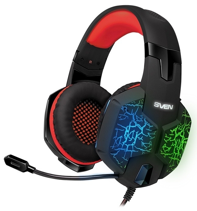 Гарнитура проводная игровая с микрофоном SVEN AP-U988MV, черный-красный (USB, LED, 7.1)