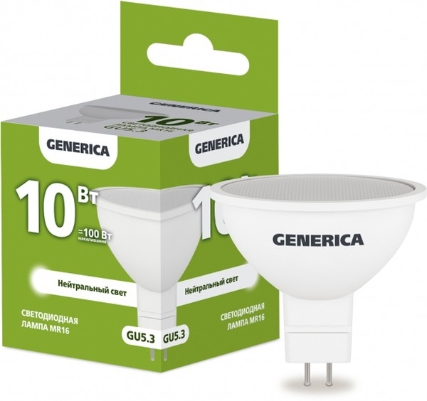 Лампа cветодиодная LED MR16 IEK LL-MR16-10-230-40-GU5-G софит 10Вт 230В 4000К GU5.3 GENERICA