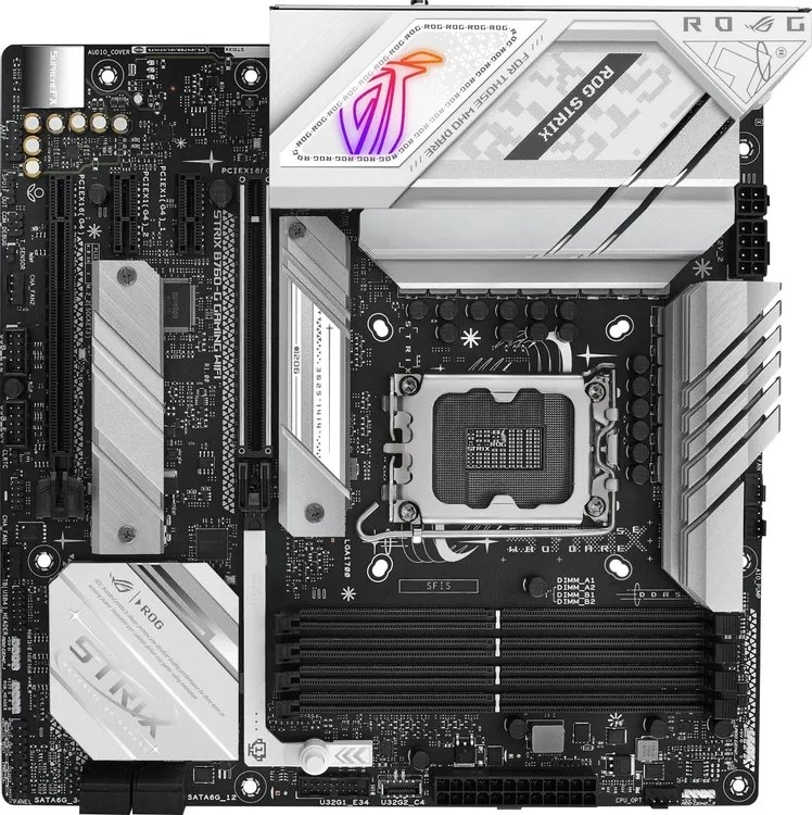 Материнская плата ASUS ROG STRIX B760-G GAMING WIFI, LGA1700, Intel B760, 4xDDR5, 4xSATA 6Gb/s, 2xM.2, 1xPCIe 5.0 x16, 1xPCIe 4.0 x16 (x4), 2xPCIe 4.0 x1, 1xHDMI, 1xDisplayPort, 1x2.5Gb LAN, 4xUSB 2.0, 3xUSB 3.2 Gen 1, 1xUSB 3.2 Gen 2 Type-A, 1xUSB 3.2 Gen 2x2 Type-C, 5x3.5 мм, 7.1, microATX