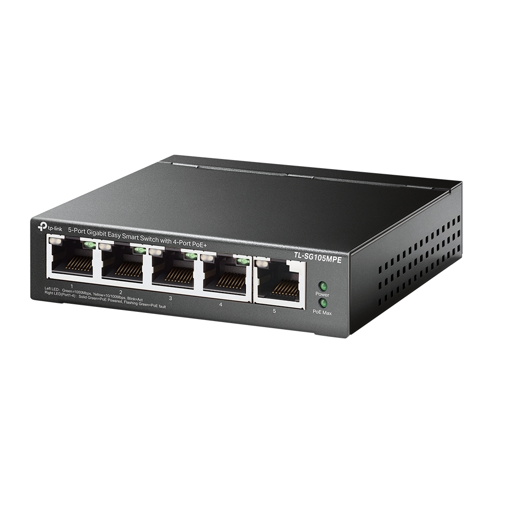 Коммутатор TP-Link TL-SG105MPE Easy Smart с 5 гигабитными портами (4 порта PoE+), 802.3af/at, бюджет PoE — 120 Вт, стальной корпус