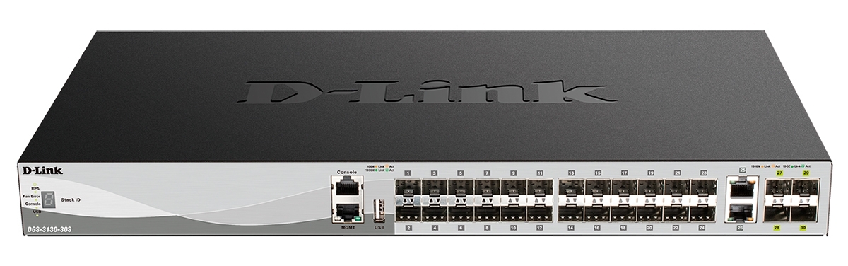 Коммутатор D-Link DGS-3130-30S/B1A, 24×1 Гбит/с SFP + 4×10 Гбит/с SFP+ + 2×10 Гбит/с Combo, управляемый