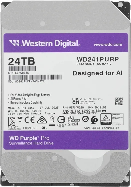 Жесткий диск HDD WD Purple Pro 24Tb 7200rpm SATA 512Mb 3.5