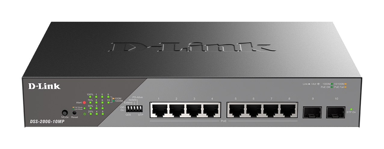 Коммутатор D-Link DSS-200G-10MP/A1A, 8×1 Гбит/с + 2×1 Гбит/с SFP, настраиваемый