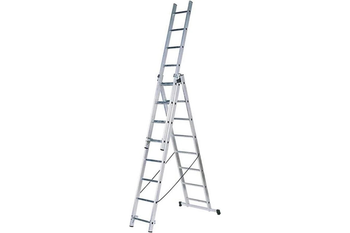 Лестница FIT 65434 трехсекционная алюминиевая 3х9 ступеней h=257/449/641 см вес 11.18кг