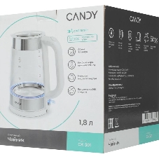 Электрочайник Candy CK-301 белый, 1.8 л, 2200 Вт, скрытый нагревательный элемент