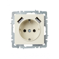 Розетка 1-местная IEK BRITE РЮш10-1-БрКр 16А, с USB A+A 2.1А, с заземлением с защитными шторками, бежевый