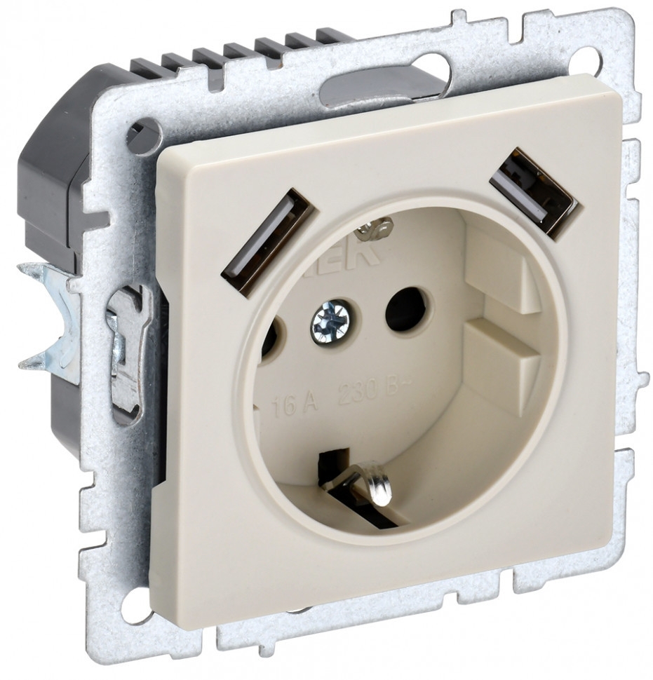 Розетка 1-местная IEK BRITE РЮш10-1-БрКр 16А, с USB A+A 2.1А, с заземлением с защитными шторками, бежевый