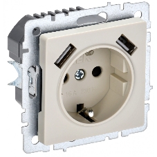 Розетка 1-местная IEK BRITE РЮш10-1-БрКр 16А, с USB A+A 2.1А, с заземлением с защитными шторками, бежевый