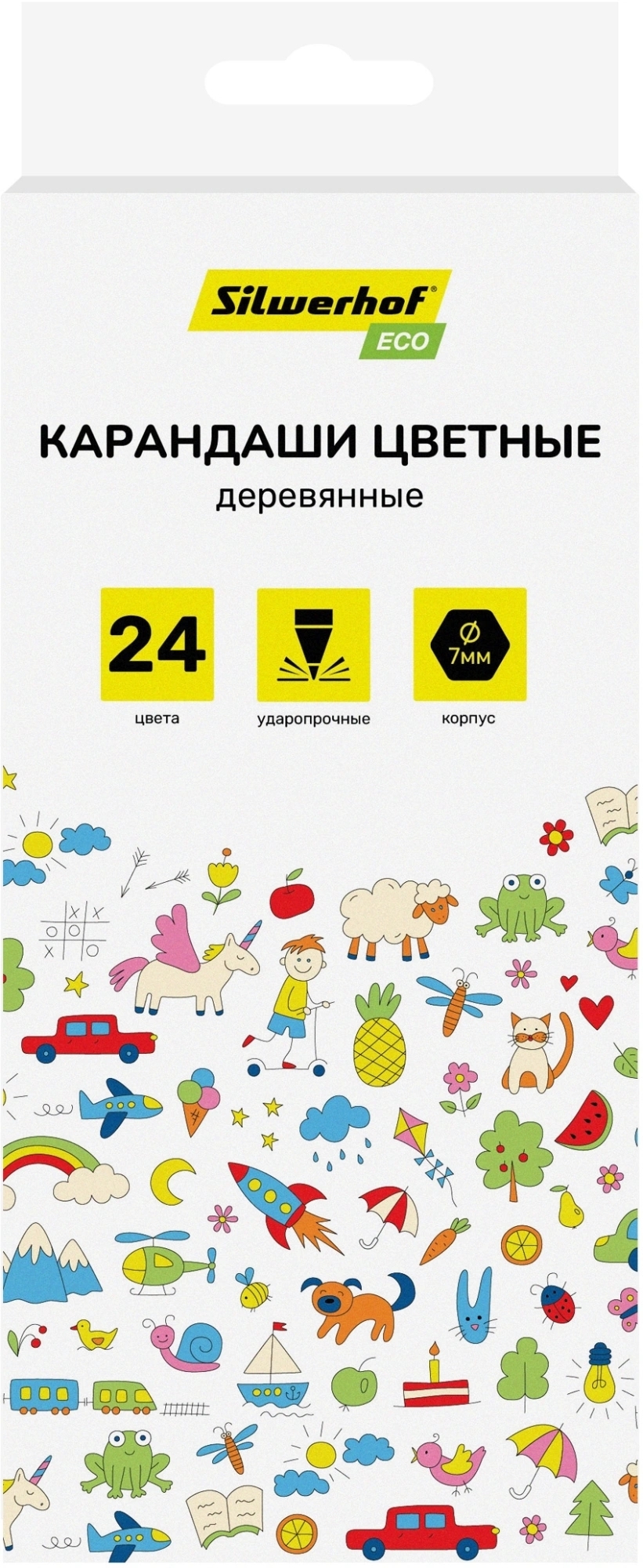 Карандаши цветные Silwerhof Eco 2.65мм, шестигранный профиль, дерево, ассорти, 24 цвета, коробка с европодвесом