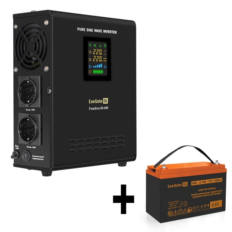 Комплект Источник бесперебойного питания EX295996RUS + батарея 100Aч EX285656RUS 1шт (инвертор, синус, для котла, настенный) ExeGate FineSine SX-800.LCD.AVR.2SH 800VA/500W, чистая синусоида, цветной LCD-дисплей, AVR, 2*Schuko, линейно-интерактивный, крепление настенное/универсальное, Black + батарея ExeGate HRL 12-100 (12В, 100Ач) 1шт
