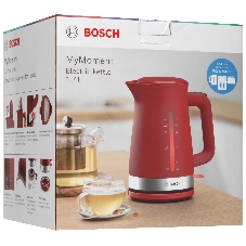 Электрочайник Bosch TWK4M224 красный, 1.7 л, 2200 Вт, скрытый нагревательный элемент