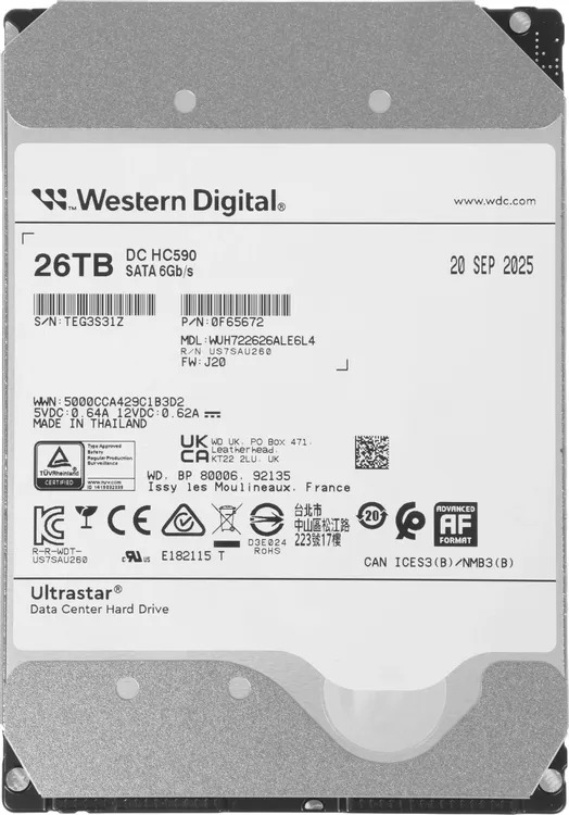 Жесткий диск серверный WD Ultrastar DC HC590 26TB WUH722626ALE6L4 (SATA 3.5