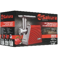 Мясорубка электрическая Sakura SA-6424R красный, 2000 Вт, 3.5 кг/мин, реверс, защита от перегрузки, металлический лоток, насадки - 4