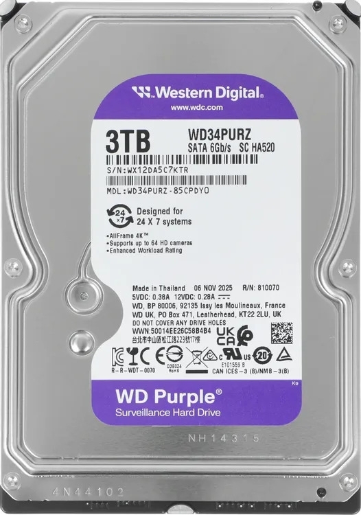 Жесткий диск HDD WD Purple 3Tb 5400rpm SATA 128Mb 3.5