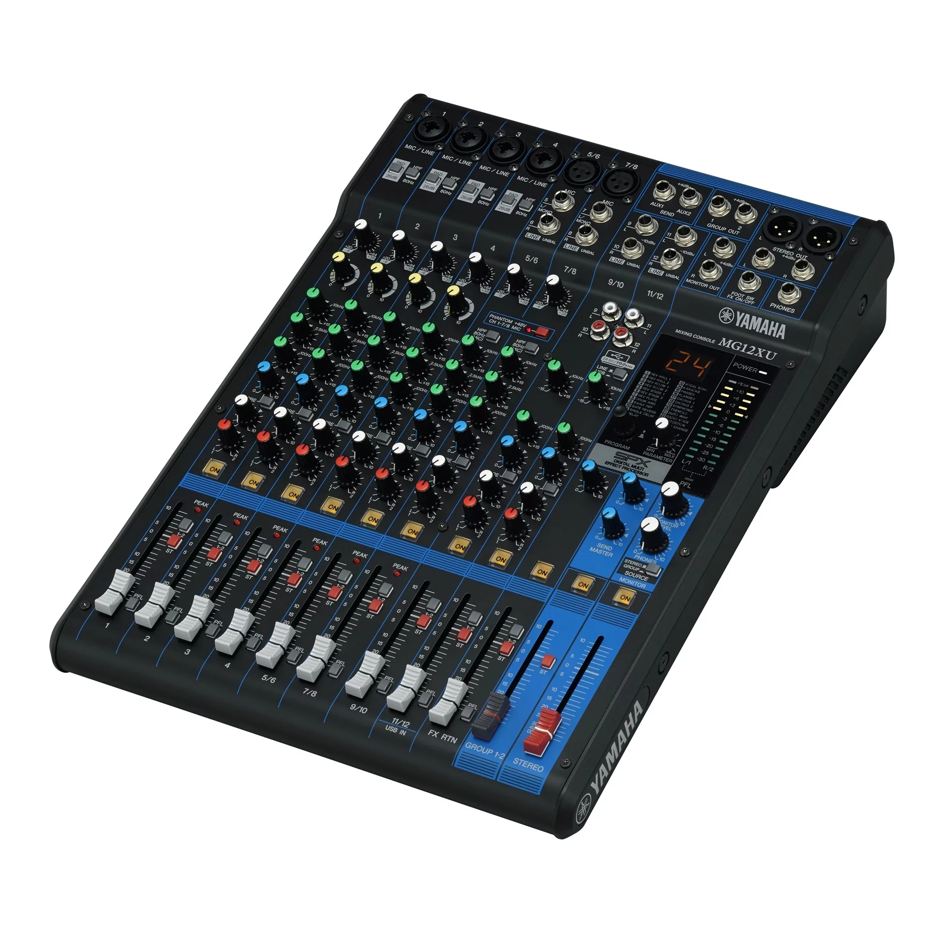 Пульт Yamaha [MG12XU] 12-канальный микшерный пульт: макс. 6 микрофонных/12 линейных входов (4 моно + 4 стерео)/2 групповые шины + 1 стереошина/2 шины AUX, Микрофонные предусилители D-PRE, Фантомное питание +48 В, эффекты: SPX с 24 программами, Ин