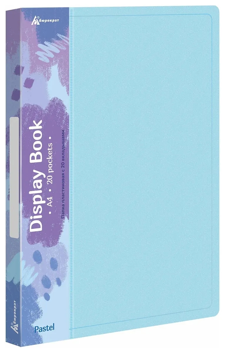 Папка с 20 прозрачными вкладками Бюрократ Pastel PAST20BLUE A4, пластик, 0.5мм, торцевой карман с бумажной вставкой, голубой
