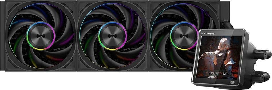Система жидкостного охлаждения PCCooler DT360 ARGb Display BK (300W, 360мм, LED temp., черный, ARGb/Fans: 3x120мм, 83.83CFM, 3000RPM/Pump height 62мм, 15dBA, 2600RPM, Rad thickness 27мм/S: 1851, 1700, 1200, 115X, AM5, AM4)