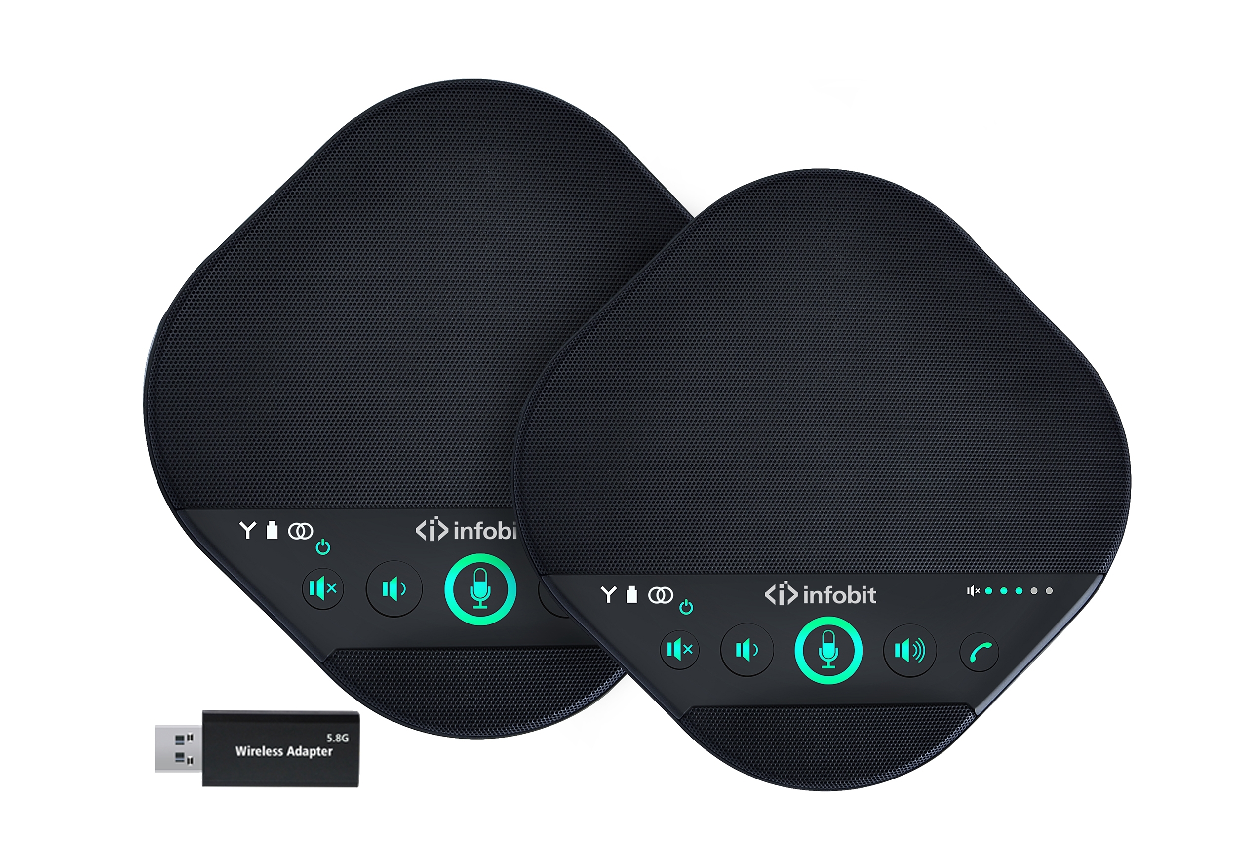 Спикерфон Infobit [iSpeaker M600] Комплект беспроводных всенаправленных спикерфонов, 5,8G, 5-метровый захват на 360 градусов, можно объеденить в каскад до 2х штук. Для помещений до 100 квадратных метров и 30 человек.