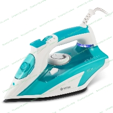 Утюг Vitek VT-8355 (MC) белый/бирюзовый 1. Максимальная мощность 2600 Вт 2. Керамическая подошва 3. Емкость для воды 400 мл