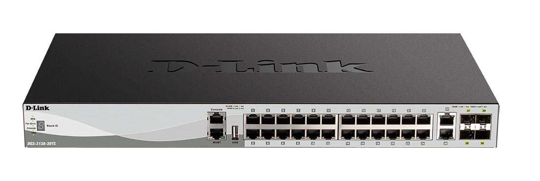 Коммутатор D-Link DGS-3130-30TS/B1A, 24×1 Гбит/с + 2×10 Гбит/с Base-T + 4×10 Гбит/с SFP+, управляемый