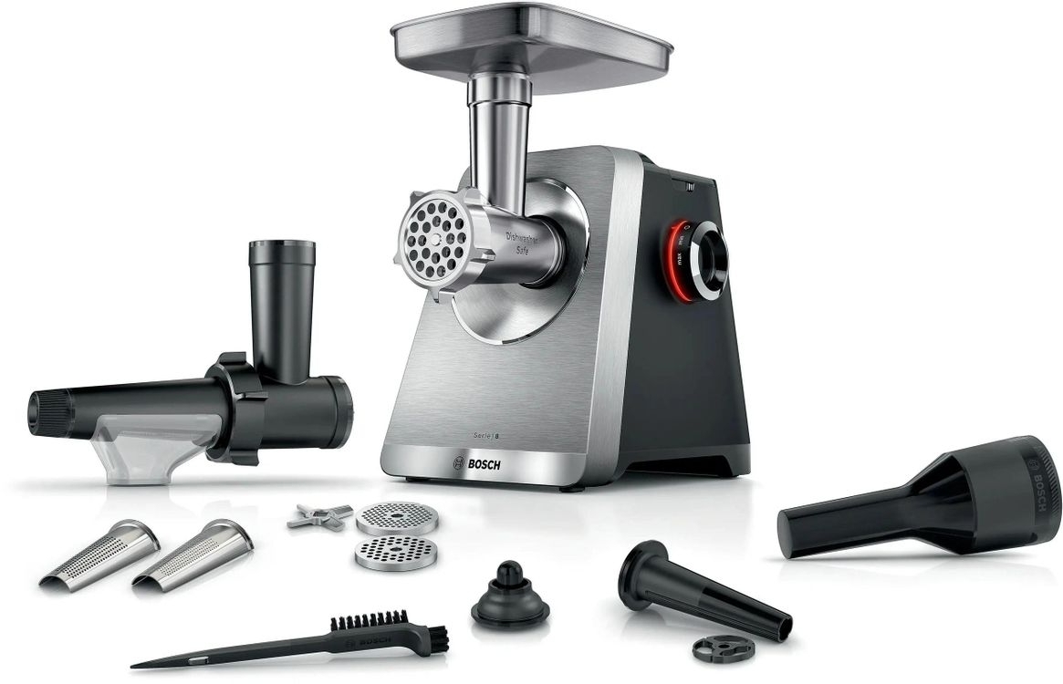 Мясорубка электрическая Bosch Series 8 MFWS835M черный, 2500 Вт, 4.5 кг/мин, реверс, защита от перегрузки, металлический лоток, насадки - 6