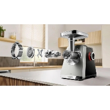 Мясорубка электрическая Bosch Series 8 MFWS835M черный, 2500 Вт, 4.5 кг/мин, реверс, защита от перегрузки, металлический лоток, насадки - 6