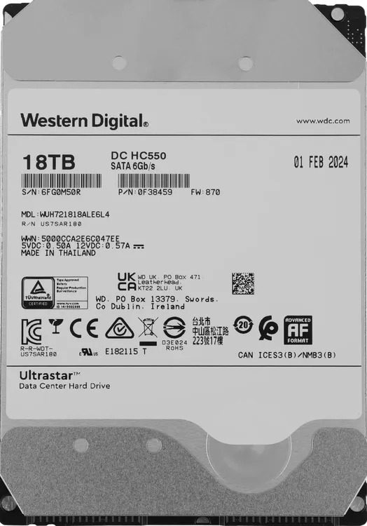 Жесткий диск HDD WD Ultrastar DC HC550 18Tb 7200rpm SATA 512Mb 3.5
