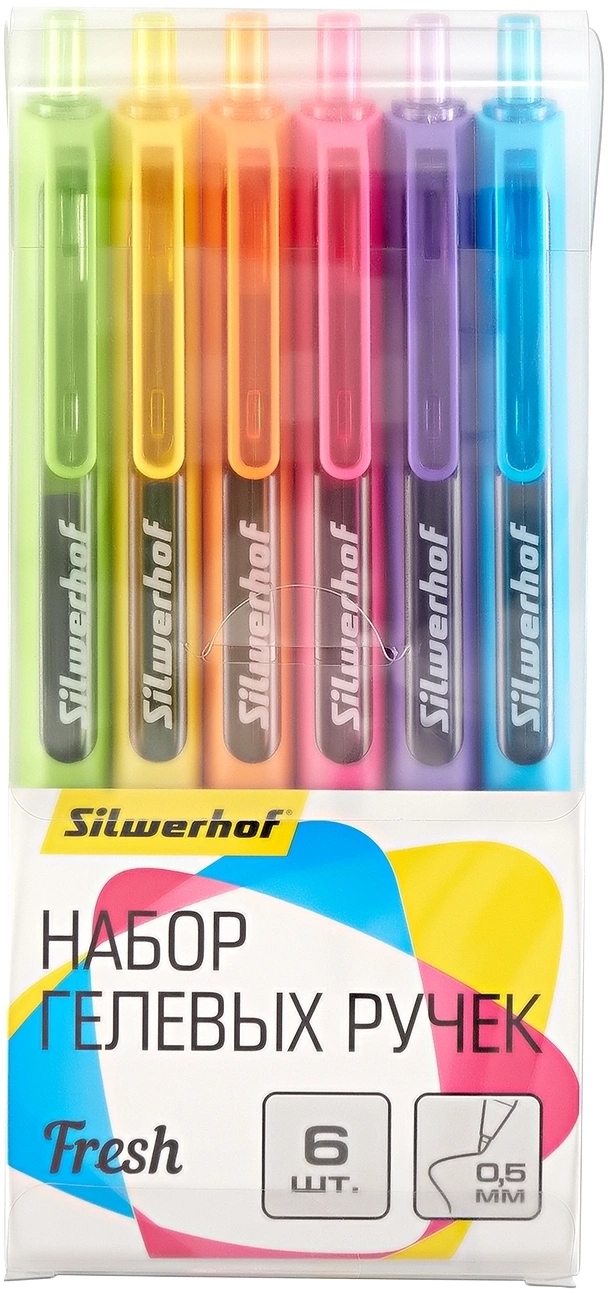 Набор ручек гелевых автоматических Silwerhof NG Fresh, d=0.5мм, синие чернила, блистер с европодвесом (6шт) сменный стержень