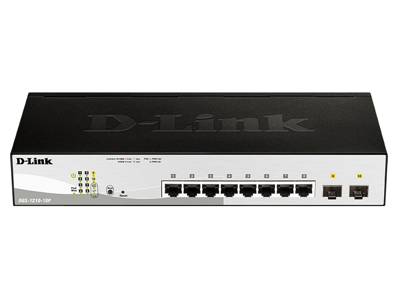 Коммутатор D-Link DGS-1210-10P/F3A, 8×1 Гбит/с + 2×1 Гбит/с SFP, настраиваемый