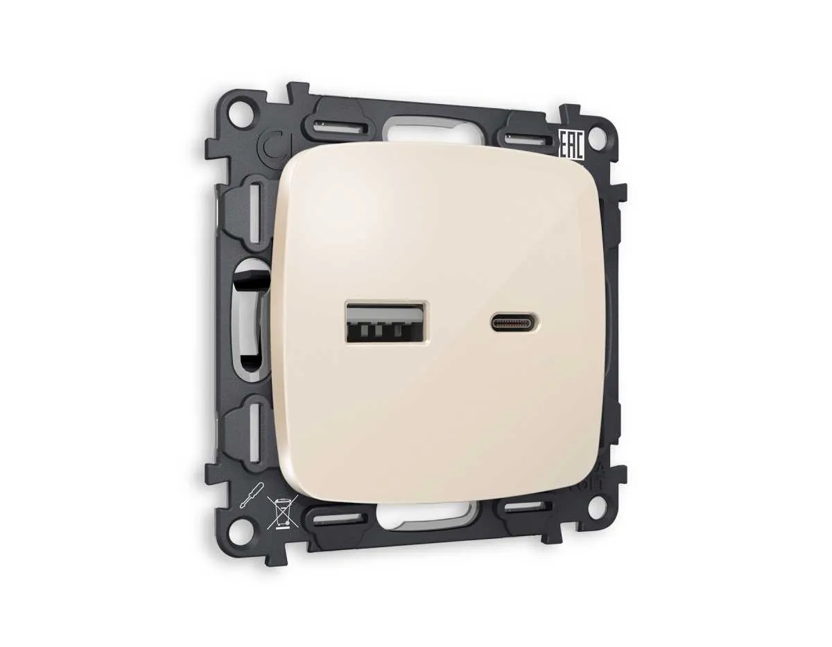 Комплект механизма розетки OMEGA Бежевый глянец 2USB A+C 20W (быстрая зарядка) QUANT (OP3110, VM177) MO311010